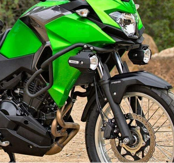 Black powder-coated carbon steel crash bars for Kawasaki Versys X300
X250 2017-2025 — installed view showing fairing and engine protection