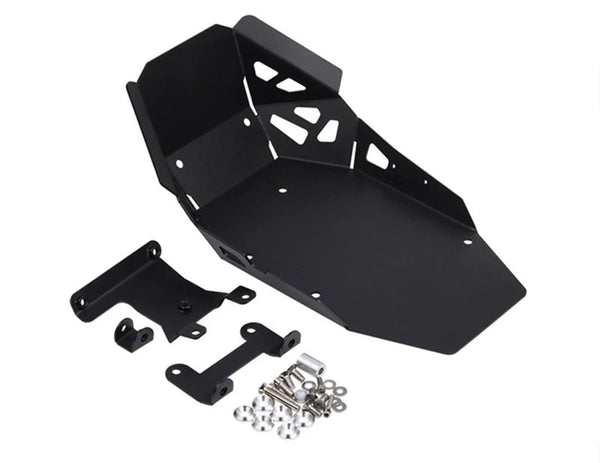 Machina 3mm aluminium skid plate for Triumph Tiger 900 2024 onwards — installed view showing sump and oil filter protection