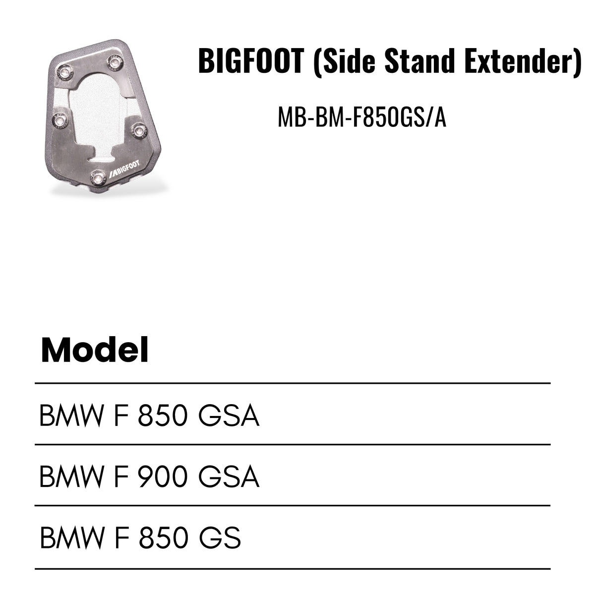 Fit Guide for Machina Side stand extender for BMW F 850GSA / F900GSA / F850GS