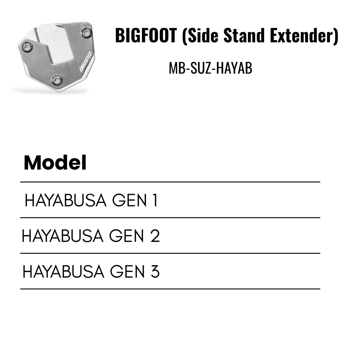 Fit Guide for Machina Side stand extender for Suzuki Hayabusa Gen 1  / Gen 2  /  Gen 3