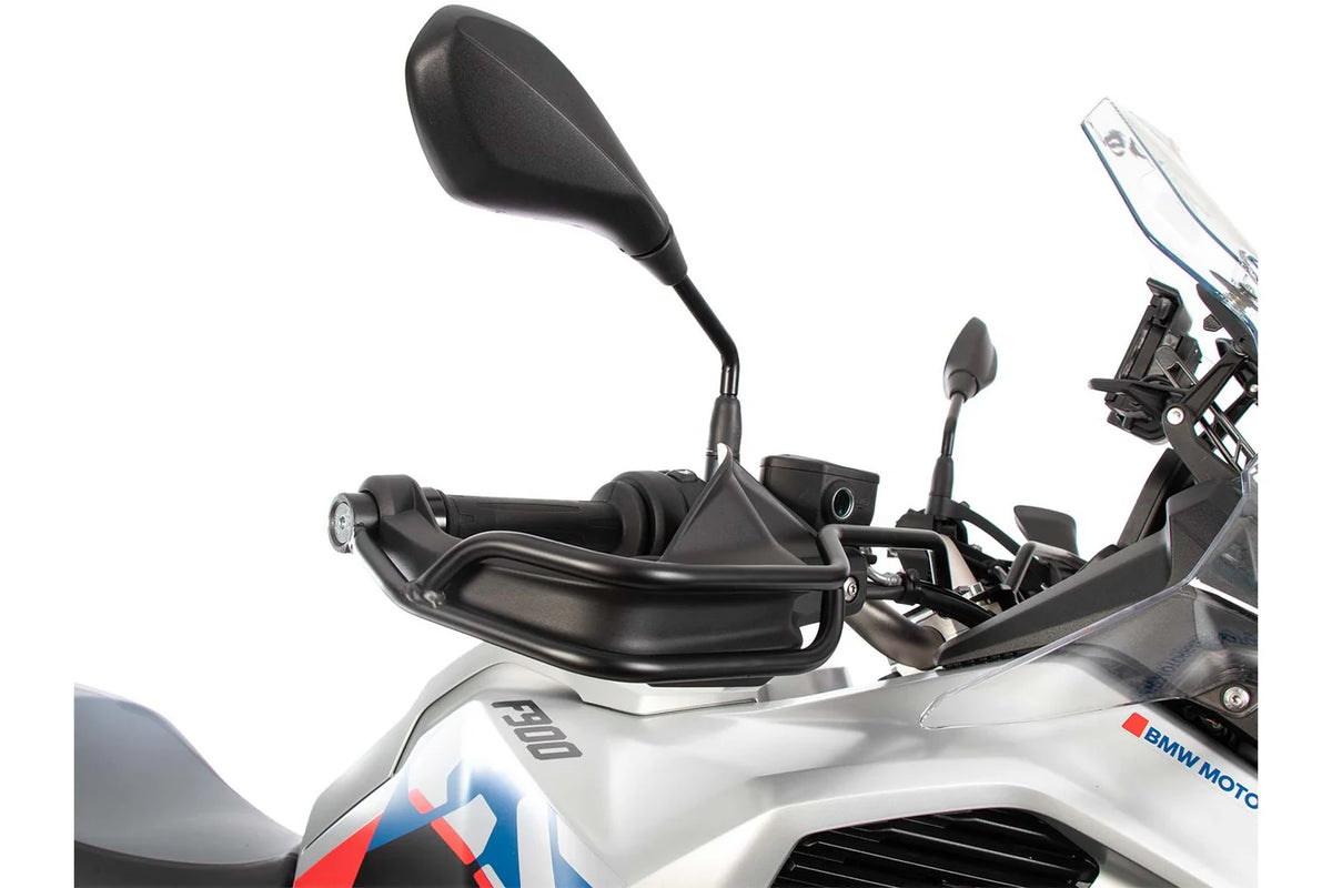 black Handguard protectors of brand MACHINA are put on bmw f900 GS adventure motorcycle with silver color and blue strips