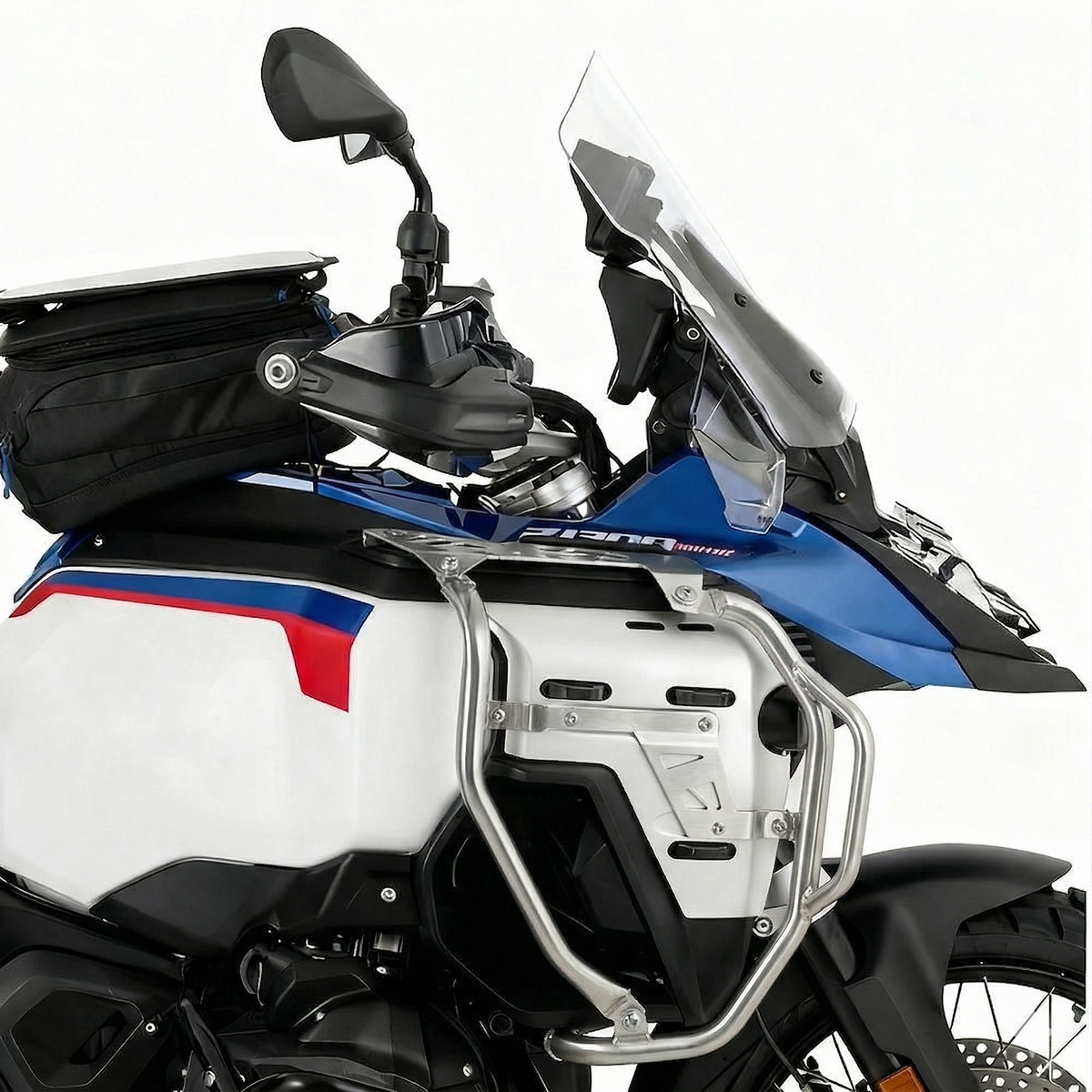 Silver glass-beaded electroplated carbon steel tank guard for BMW 
R1300 GS Adventure — installed view showing factory-matched finish