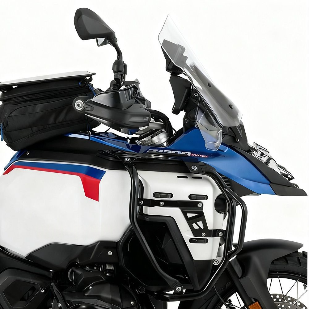 Black glass-beaded powder-coated carbon steel tank guard for BMW 
R1300 GS Adventure — installed view showing factory-matched finish