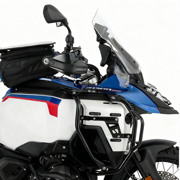 Black glass-beaded powder-coated carbon steel tank guard for BMW 
R1300 GS Adventure — installed view showing factory-matched finish