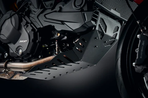 Machina aluminium skid plate fitted under the engine of a Ducati Multistrada 950 / V2